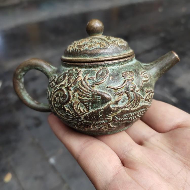 古玩铜器收藏 复古做旧龙凤酒壶茶壶家居茶道工艺品摆件