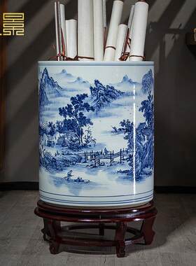 景德镇陶瓷字画 画缸卷轴缸字画 画桶箭筒青花瓷花瓶新中式客厅书