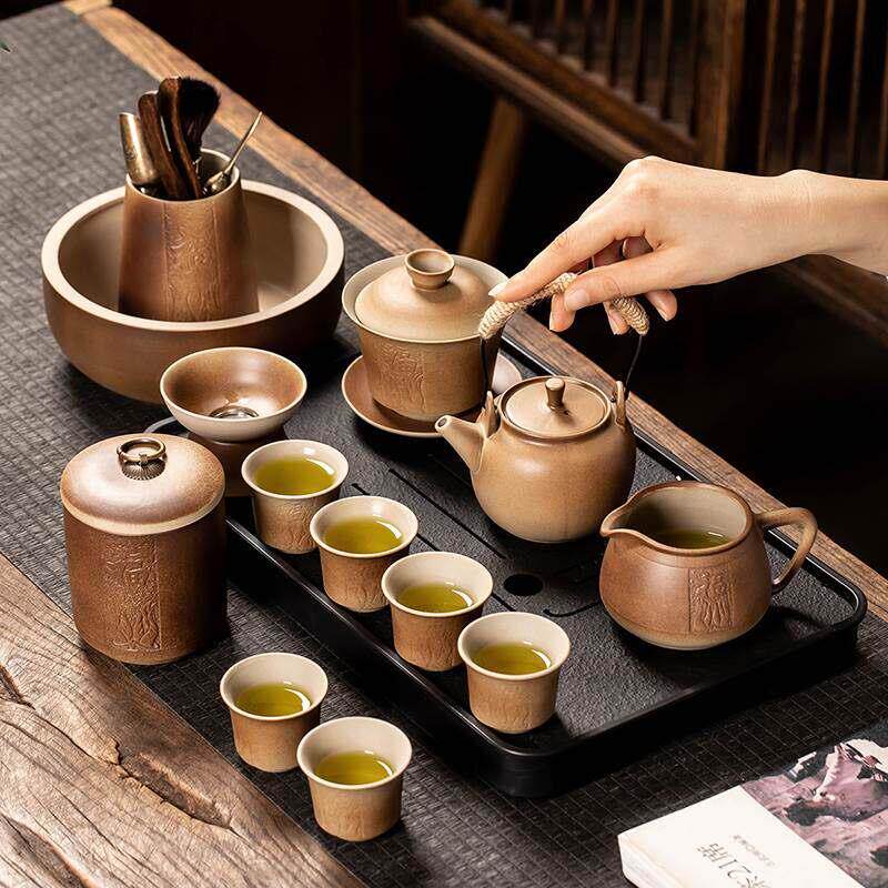 柴烧粗陶功夫茶具套装家用陶瓷盖碗提梁壶泡茶中式覆古办公室会客