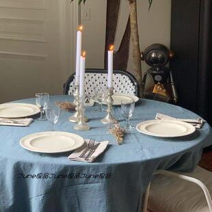 雾霭蓝桌布纯色日式简约亚麻风餐桌垫布棉麻圆茶几垫拍照桌桌布垫