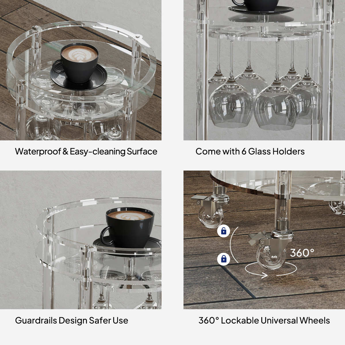 现货亚克力透明酒吧推车二层带杯架高颜值置物架圆形中古风小推车