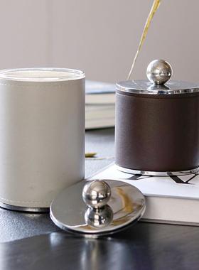 现代轻奢摆件金属皮革圆形珠点收纳罐首饰盒样板间卧室民宿装饰品