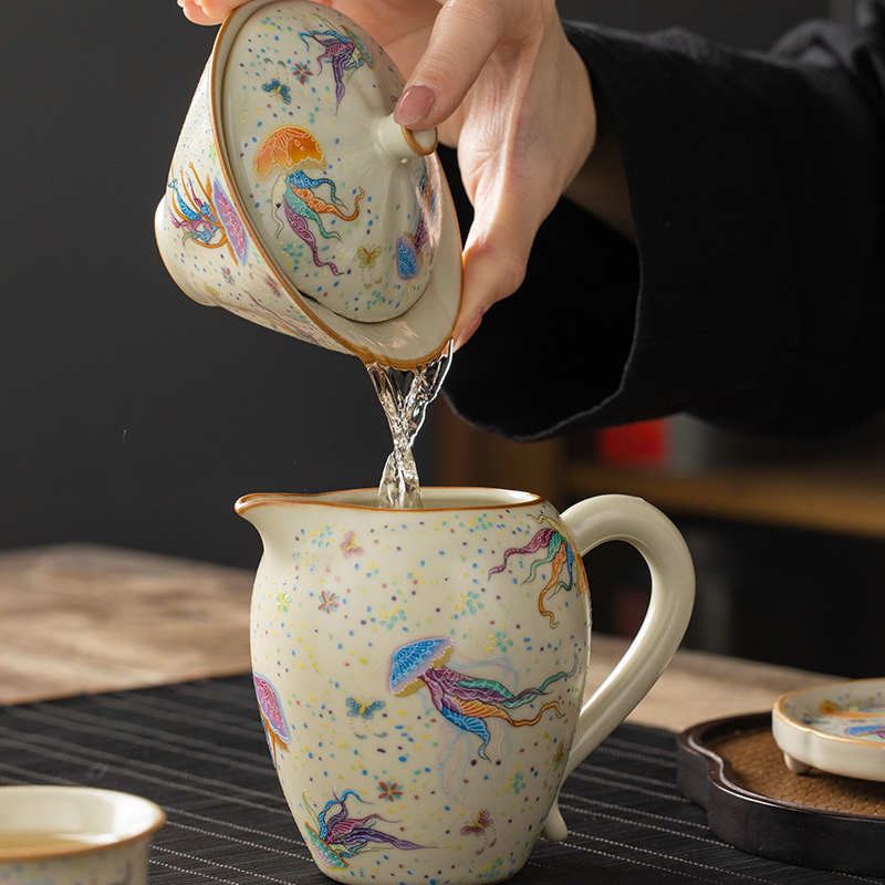 汝窑水母斗笠盖碗茶杯单个高档茶具套装防烫汝瓷带盖大号泡茶碗