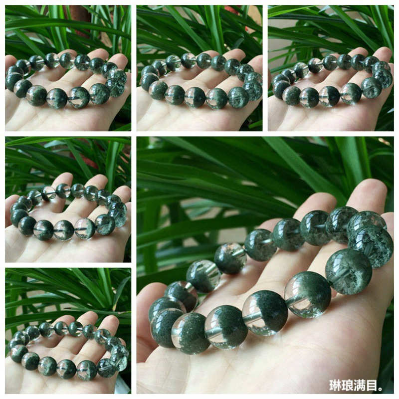 天然巴西水晶手链绿幽灵手链半盆男女款绿幽灵手串单圈圆珠手链男