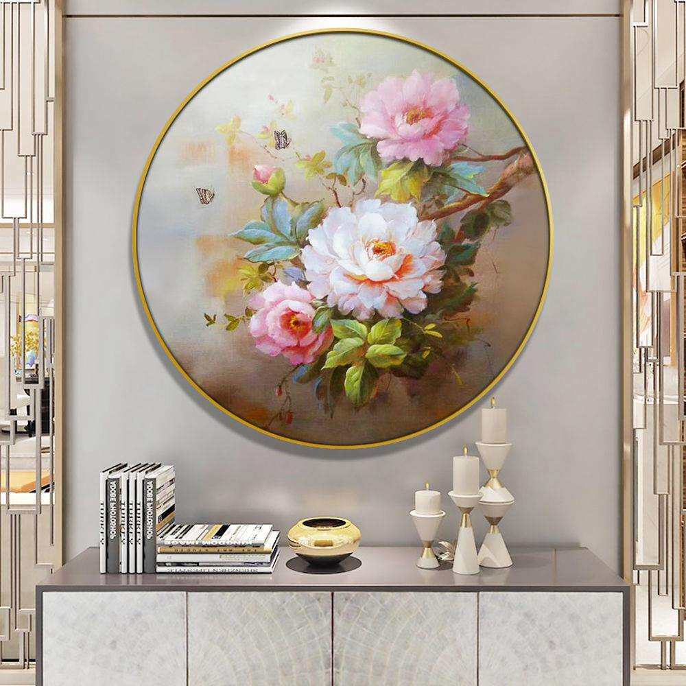 手绘油画花卉牡丹花开富贵圆形餐厅装饰画玄关挂画卧室床头壁画灯