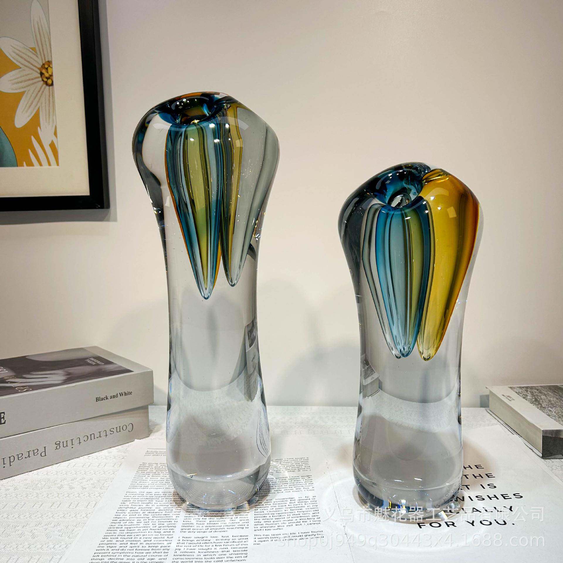 现代高档三色重工琉璃花瓶餐桌插花办公室创意摆件样板间高级装饰