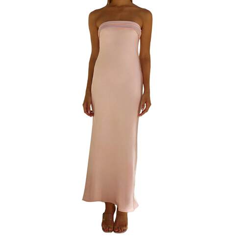 Womens Elegant Tube Maxi Dress Satin Strapless Solid Color