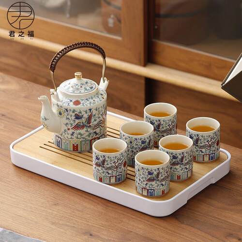 国潮风提梁壶茶具套装中式复古陶瓷大茶壶茶杯整套斗彩小桥壶家用
