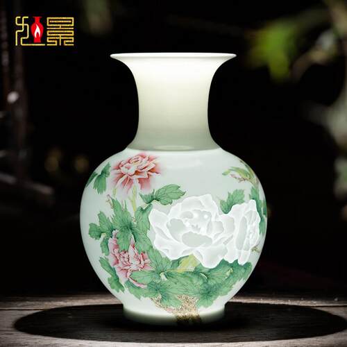 景德镇陶瓷器花瓶手绘半刀泥新中式家居客厅博古架装饰品瓷器摆件