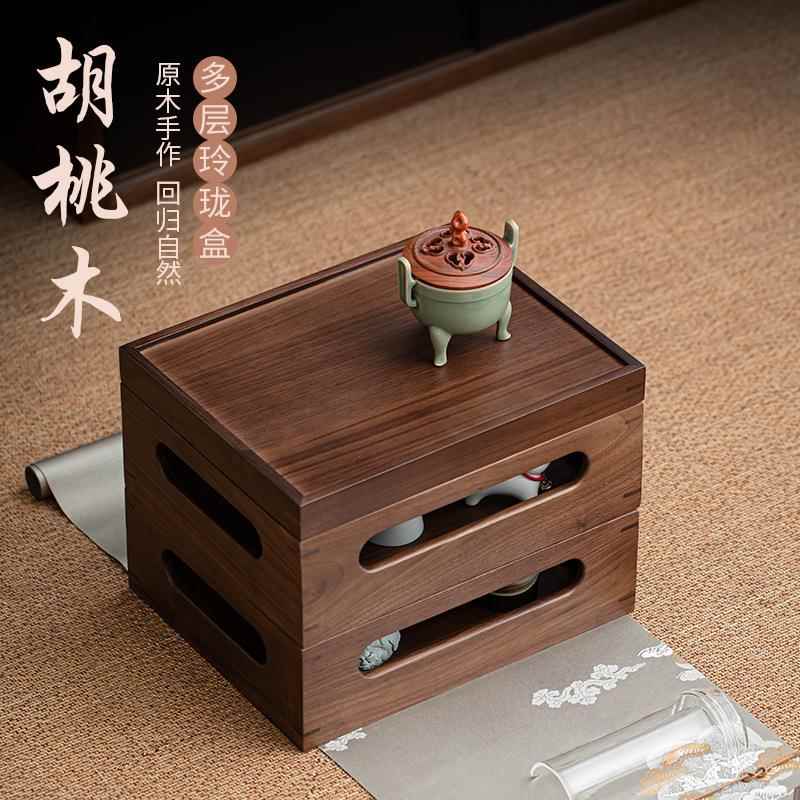 胡桃木多层玲珑收纳架办公室茶具储物收纳柜置物架功夫茶具配件