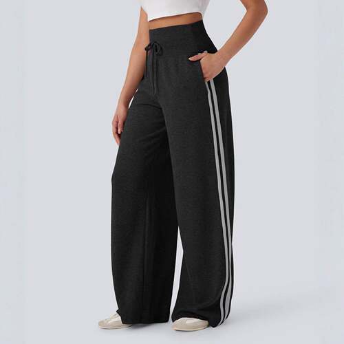 Womens Workout Drawstring Waist Color Matching Stripe Wide