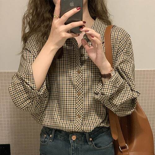 覆古港式格纹春秋女衬衫欧式长袖下摆衬衫搭配日式风格Polo翻领衬
