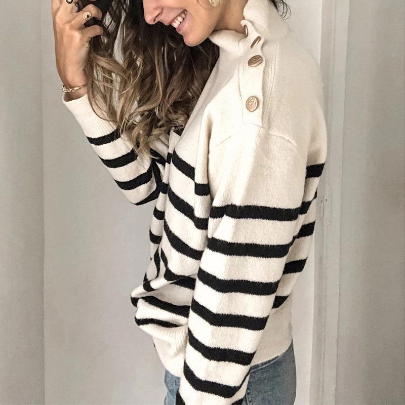 sweater striped buttoned strap shoulder pullover turtleneck