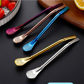 加厚不锈钢吸管勺子一体两用可拆卸创意滤勺奶茶咖啡搅拌勺隔茶漏