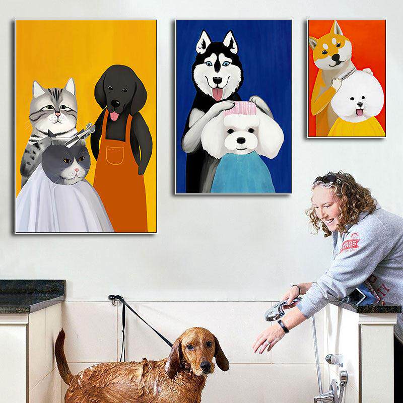 宠物店装饰画 画猫咪狗狗美发店洗护店澡堂挂画 画动物诊所创意艺
