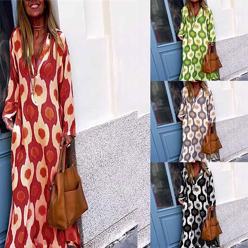 autumn printing casual boho long beach holiday women dress