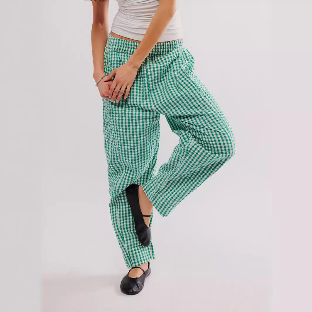 Womens Plaid Yarn Dyed Cotton Casual Trousers Preppy Style