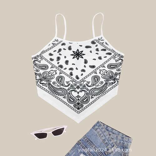 Women's Paisley Print Asymmetrical Hem Crop Cami Top