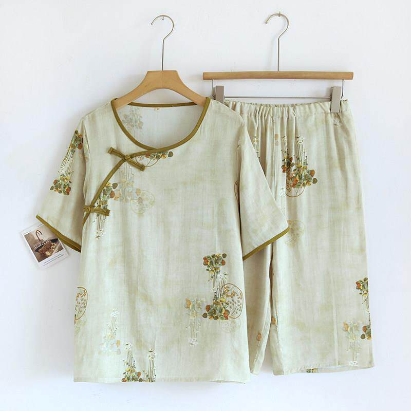 国风睡衣女汗蒸服竹纤维棉温泉桑拿服浴服短袖七分家居服两件式套