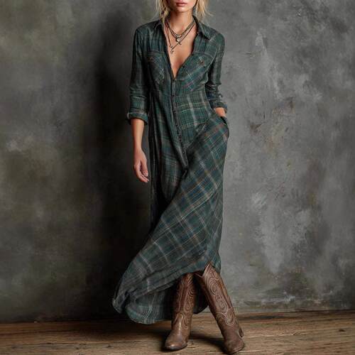 Double sided printed long sleeved checkered dress with