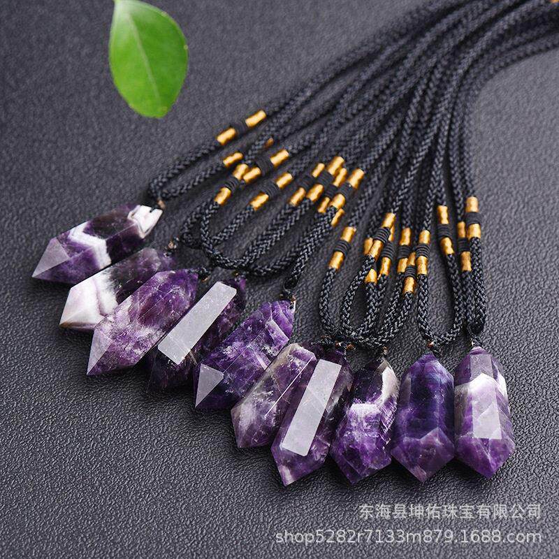 天然梦幻紫水晶双尖六棱柱吊坠紫水晶原石打磨水晶工艺品厂家