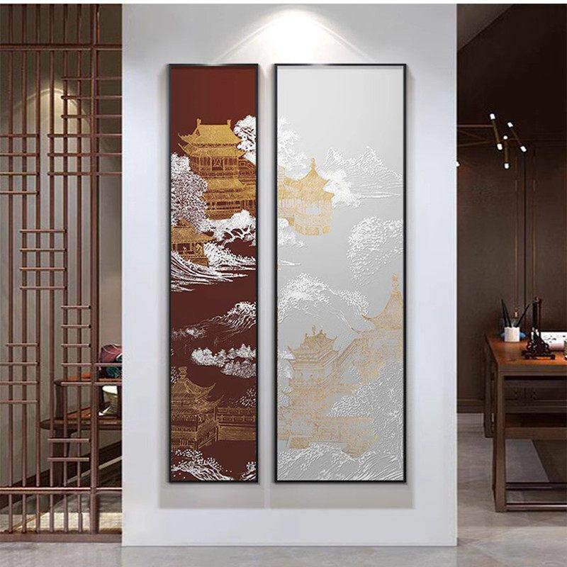 新中式玄关装饰画客厅入户背景墙风景双联壁画山水画走廊过道挂画