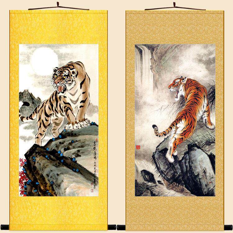 高瞻远瞩老虎猛虎画像 上山虎步步高升图卷轴挂画 绢布装饰画定制