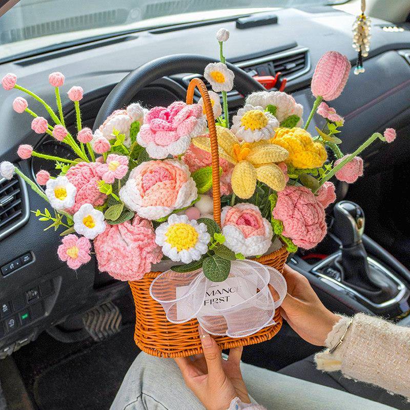 手工针织编织毛线花束彷真郁金香玫瑰花篮成品生日礼物送女友闺蜜