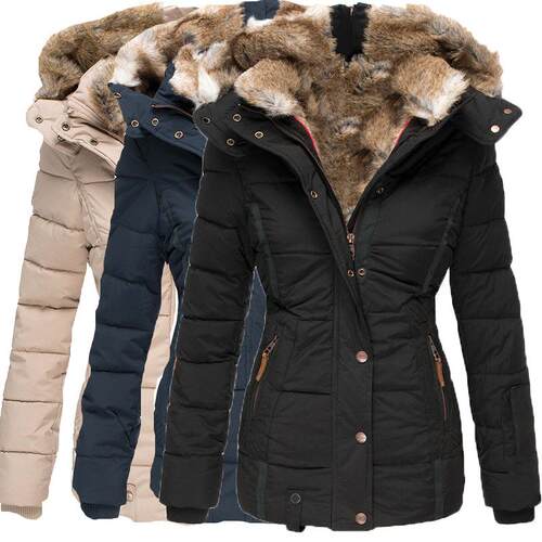 Warm fur collar cotton jacket, women's zipper long sleeved