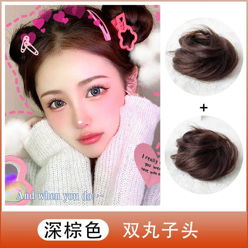 正品双丸发头假圈盘发发器女子蓬松真发丸子头发饰哪咤头假发圈花