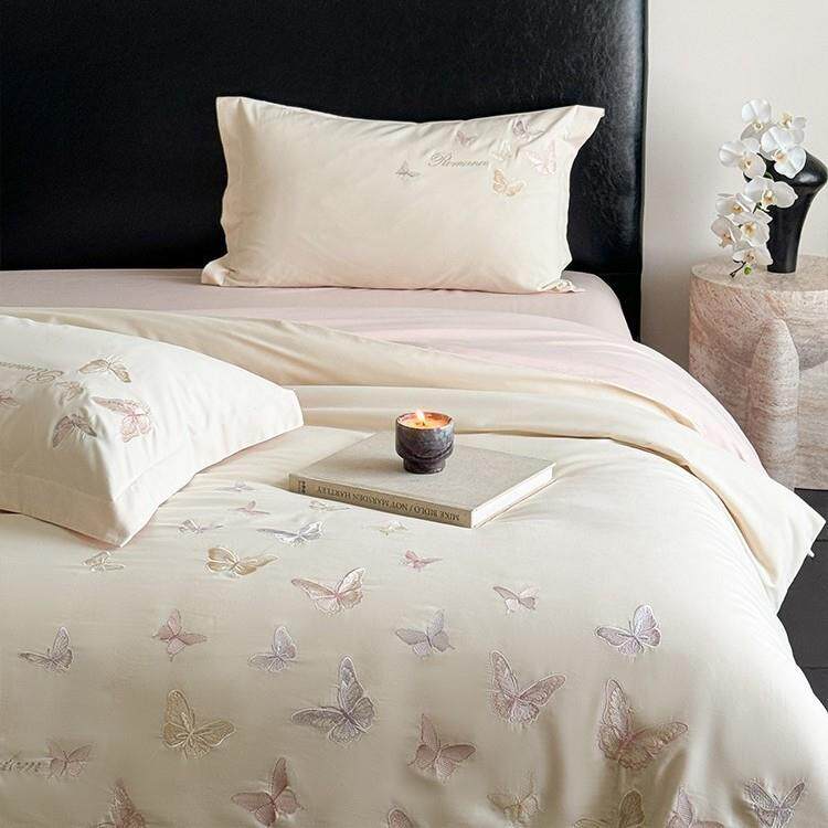 轻奢风秋冬超柔纯棉磨毛四件套少女蝴蝶刺绣加厚被套床品灰粉色
