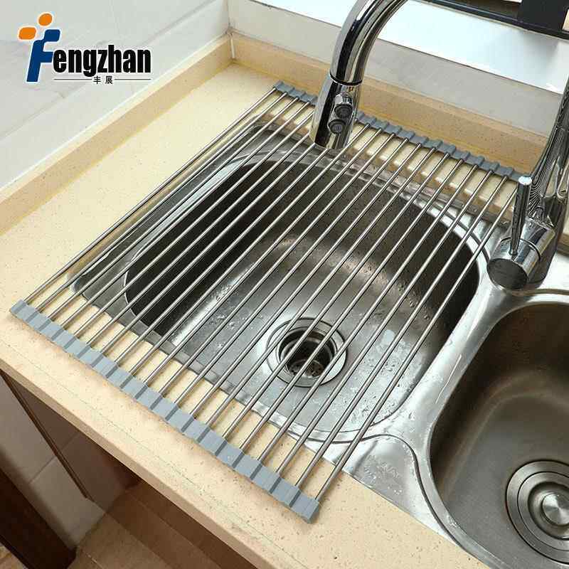 实用洗碗池碗碟滴水架 不锈钢可折叠水槽卷帘架 碟碗盘控干沥水架