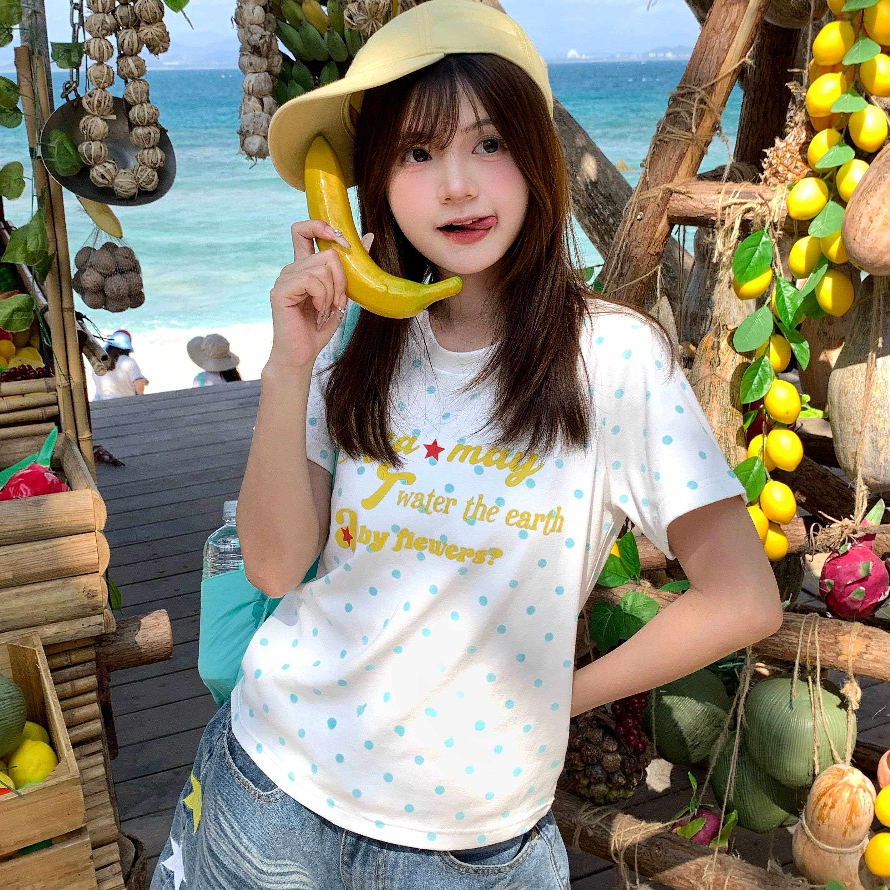 GTGA 美式波点字母印花短袖T恤女款2026新款夏季正肩多巴胺上衣