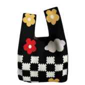 亚马逊韩版 简约针织包单肩包棋盘格单托特包工厂 毛线包时尚