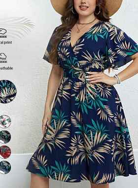 women summer plus size dress 大码夏季V领收腰显瘦连衣裙女