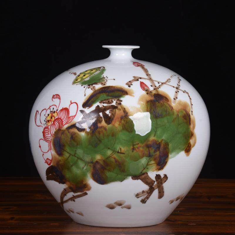 手绘荷花牡丹大号石榴瓶中式简约花器花瓶装饰品陶瓷摆件梅瓶
