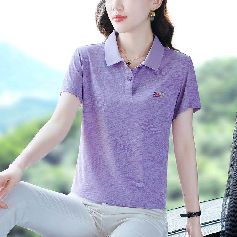 夏季休闲短袖T恤女新款中年冰丝POLO衫妈妈正肩运动体恤