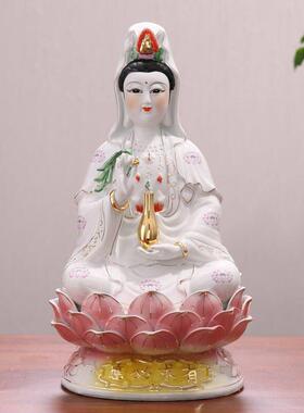 正品家用南海观音菩萨像坐莲观世音菩萨摆件白玉像陶瓷烤漆不退色