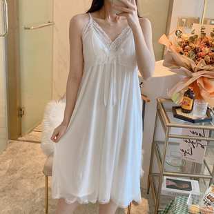 蕾丝V领吊带性感风甜美连衣裙少女家居服带胸垫 宫廷风睡裙女夏季