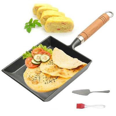 Cast Iron Egg Pan Wood Handle Square Frying Pan Non Scald