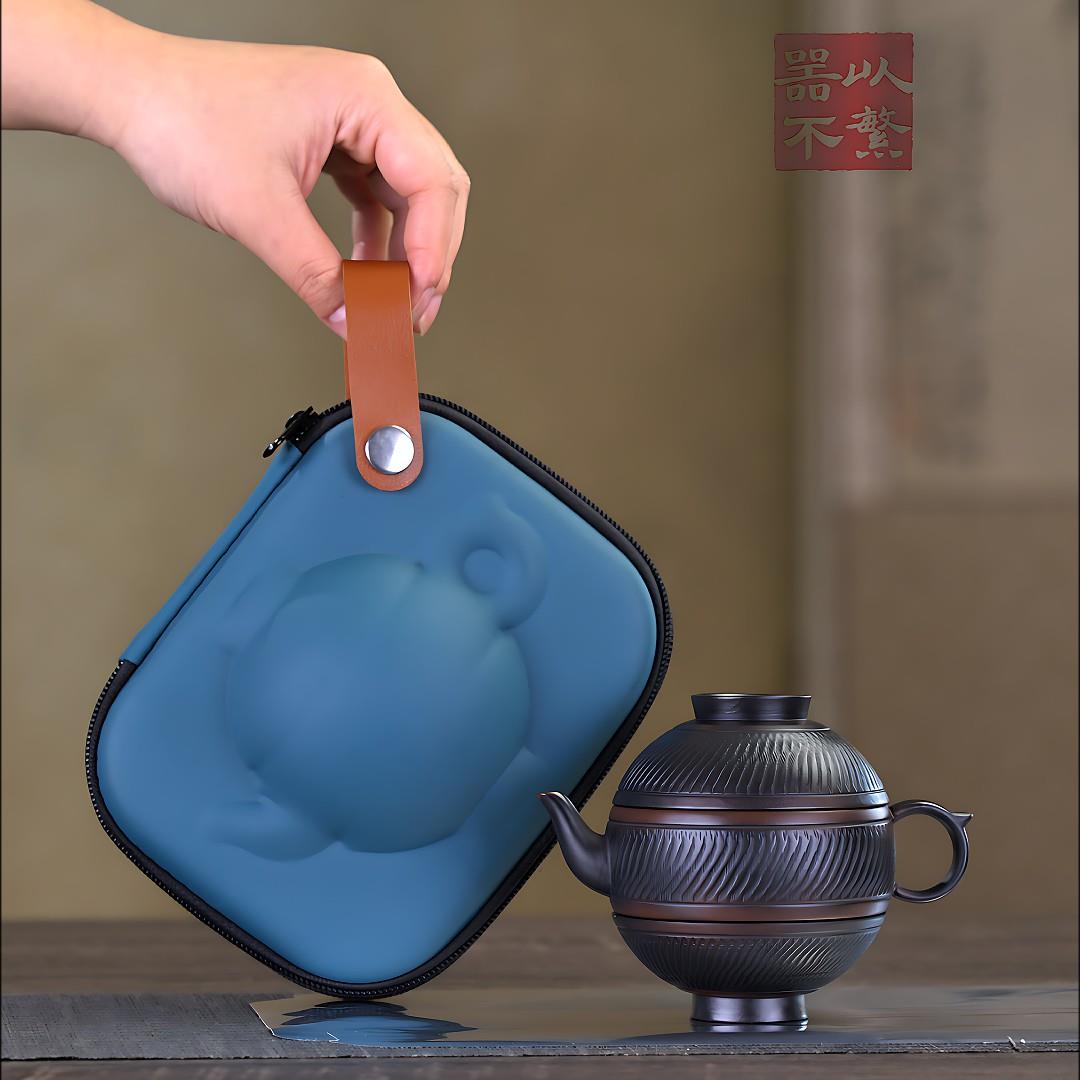 旅行茶具锦山堂紫陶跳刀1壶2杯防烫手工茶器户外便携式茶具