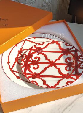 跨境欧式复古中国红陶瓷盘子酒店样品间摆盘简约西餐平盘红色