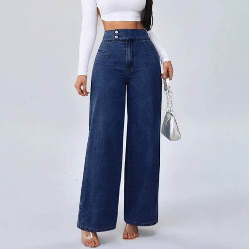 Women Jeans Leg Pants Elastic Waist Button starched Commuter