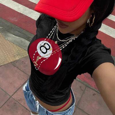 Women's Angel & Letter Print Round Neck Crop Tee Casual Crew