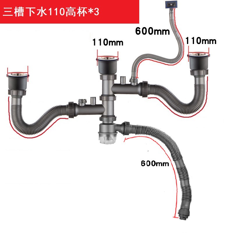 网红爆款厨房洗菜盆下水管配件双140三槽洗碗池160下水器防臭后置