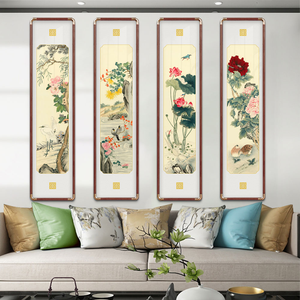 新中式客厅沙发背景墙花卉花鸟装饰画国风大气茶室墙面四联装饰画
