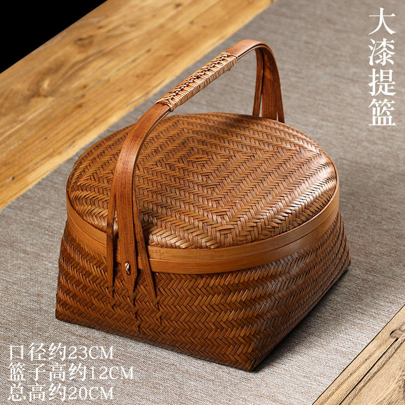 筐储竹筐盖家用水果篮大漆带物竹篮子 竹编 茶具纯手工收纳提篮