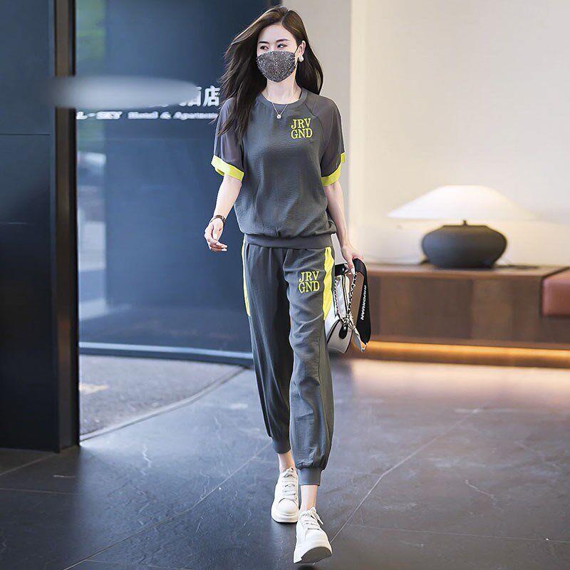 潮牌大尺码女装休闲 运动套装女夏季新款印花短袖上衣-裤子两件套