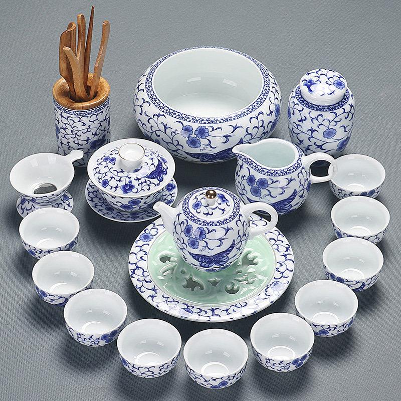 家用白瓷茶杯2023新款手工描金壶盖碗整套青花瓷功夫陶瓷茶具套组