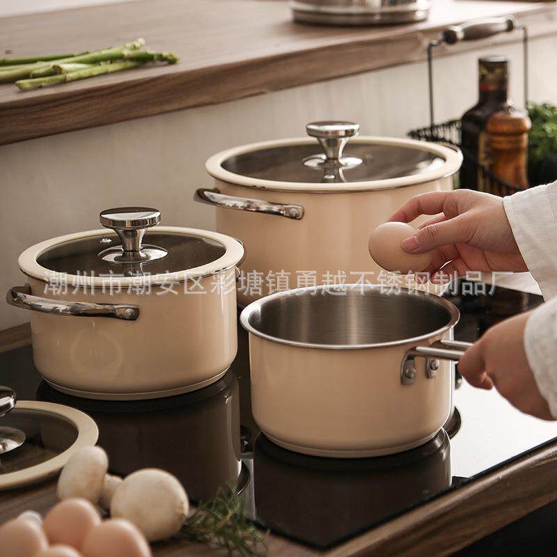 新款直销304不锈钢套锅陶瓷漆硅胶玻璃盖汤锅复底奶锅蒸锅韩式海